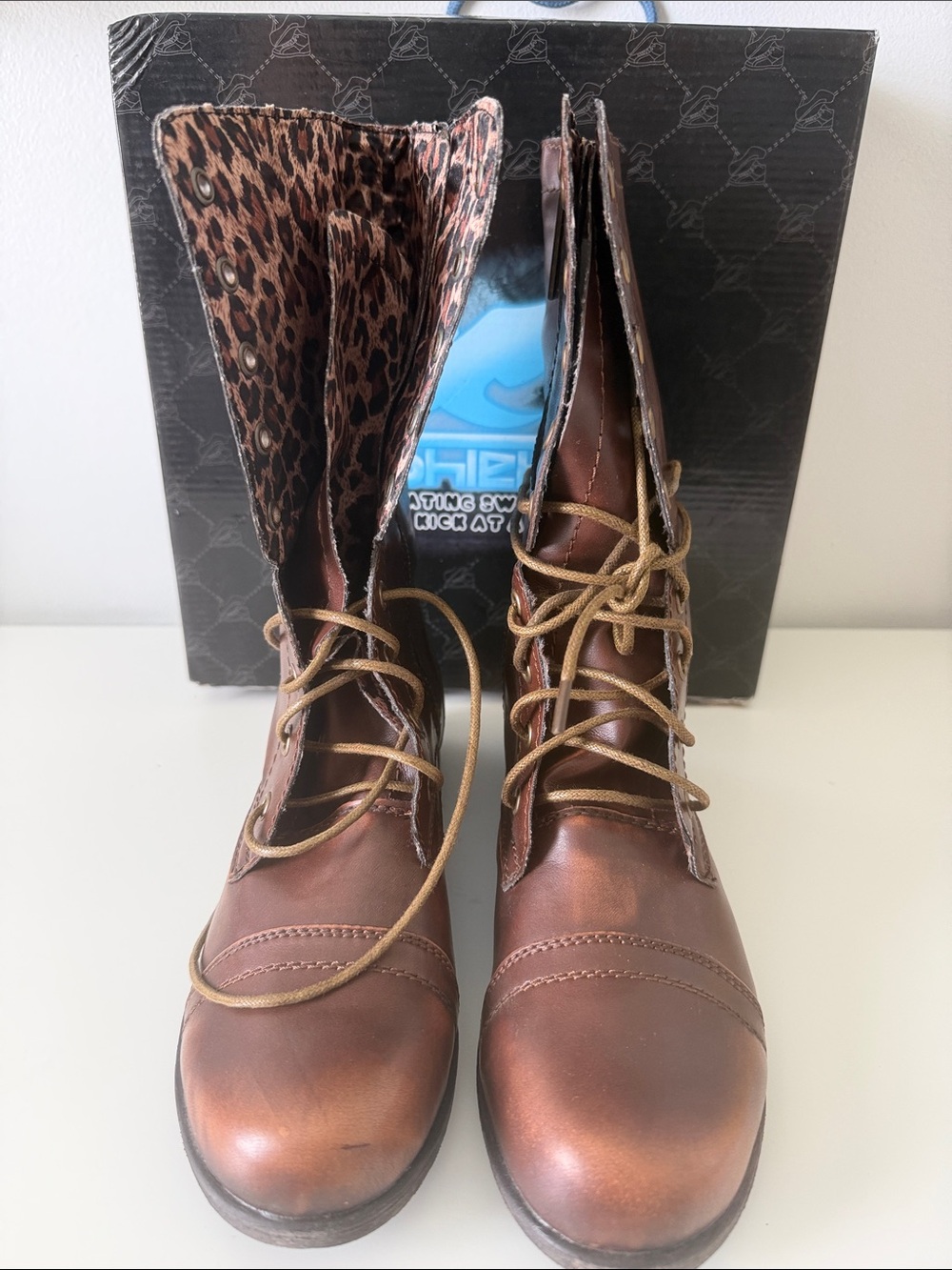 Shiekh Metallic Brown Lace-Up Ankle Boots with Leopard Lining